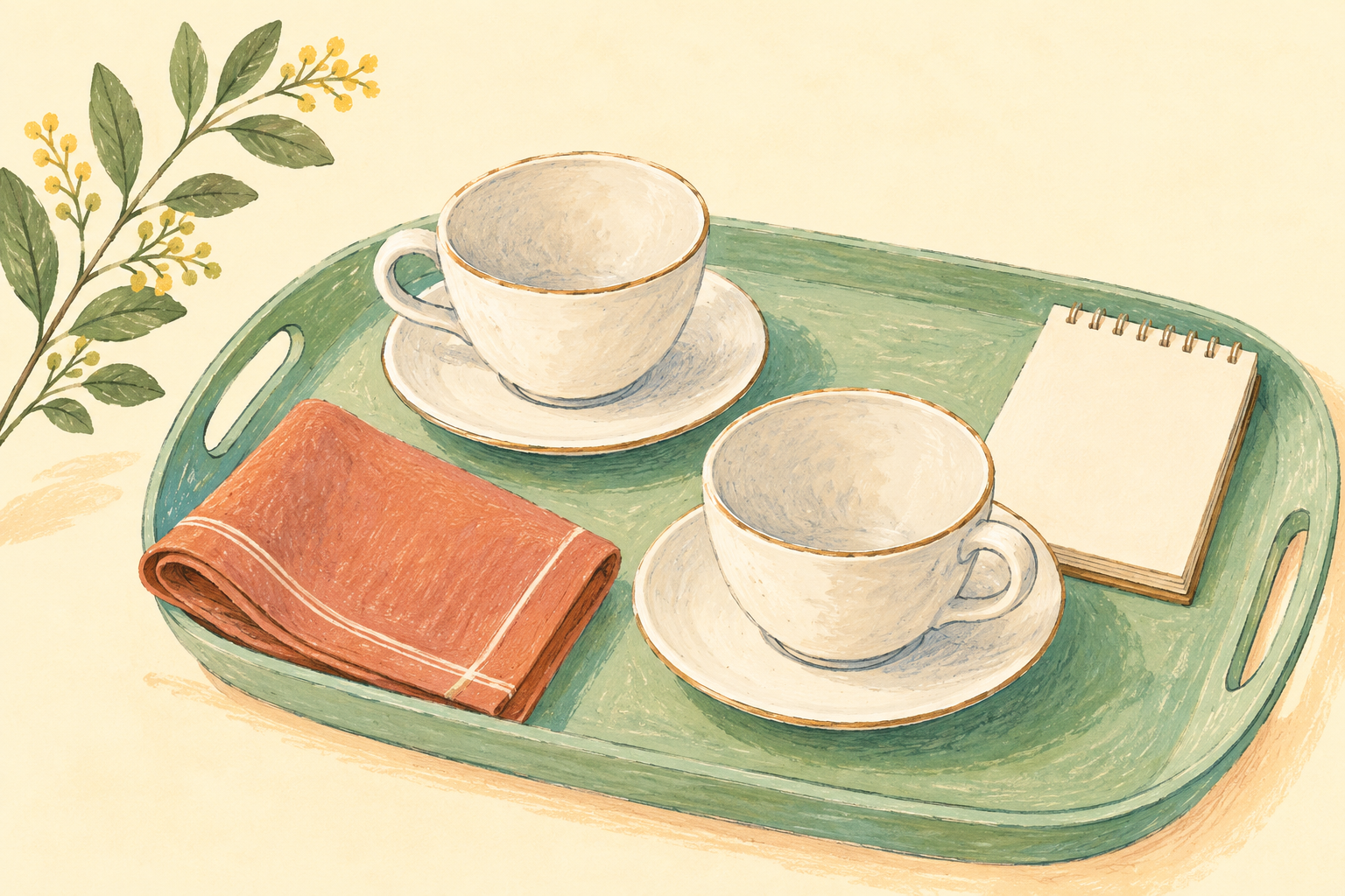 カップとトレー、メモ帳のイラスト