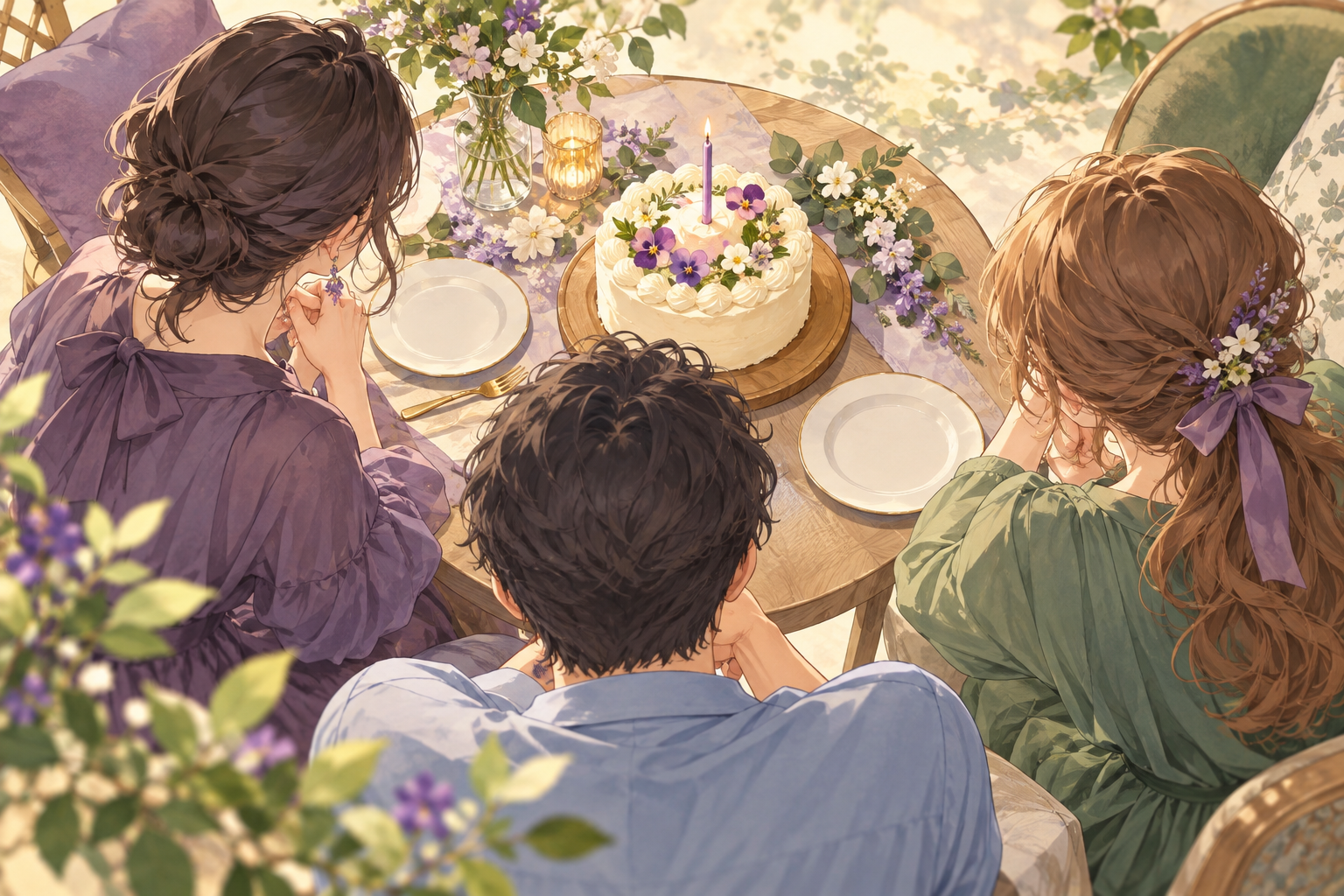アニメ風イラスト(イメージ):ケーキを囲んで誕生日を祝う架空の成人3人