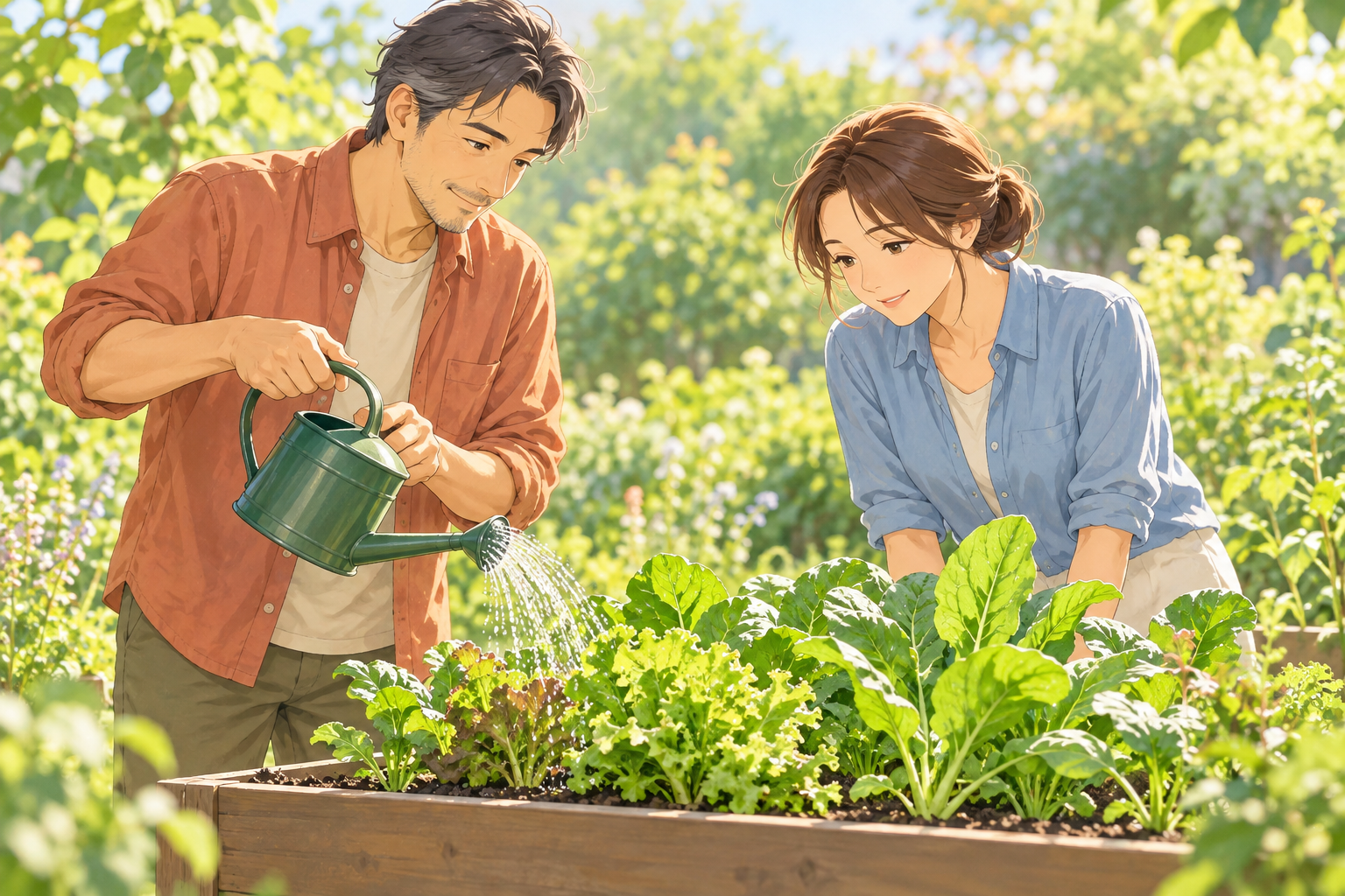 アニメ風イラスト(イメージ):プランターの野菜に水をあげる架空の成人2人