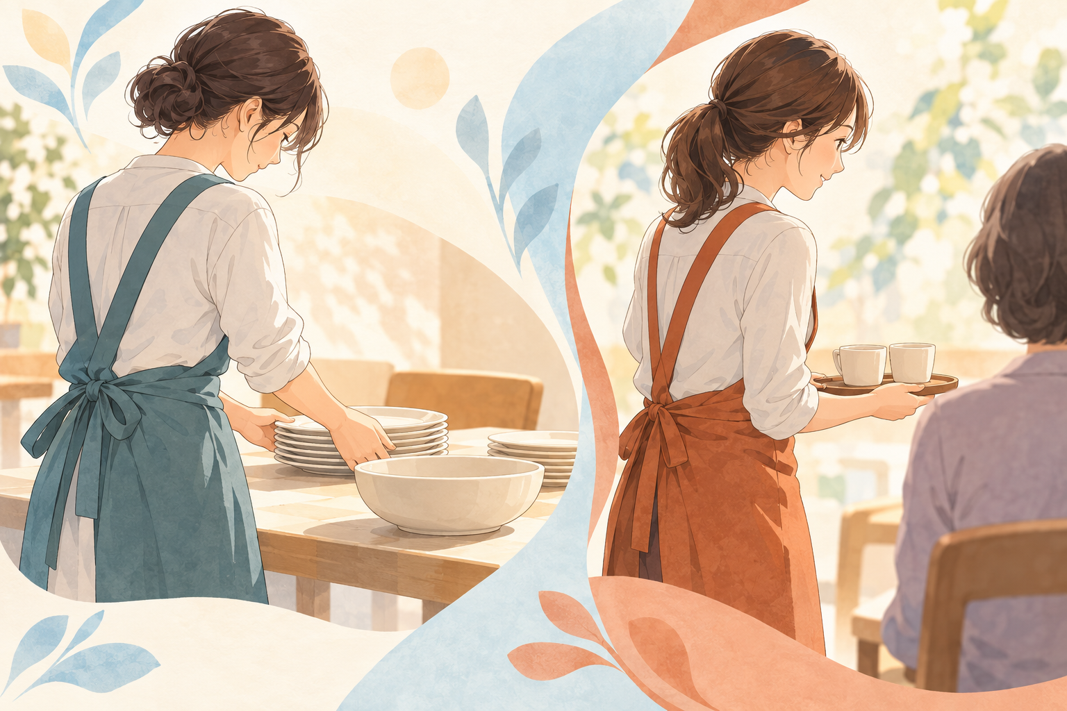 アニメ風イラスト（イメージ）：食器を整える架空の成人と、カフェでトレーを持つ架空の成人を描いた二つの仕事の場面