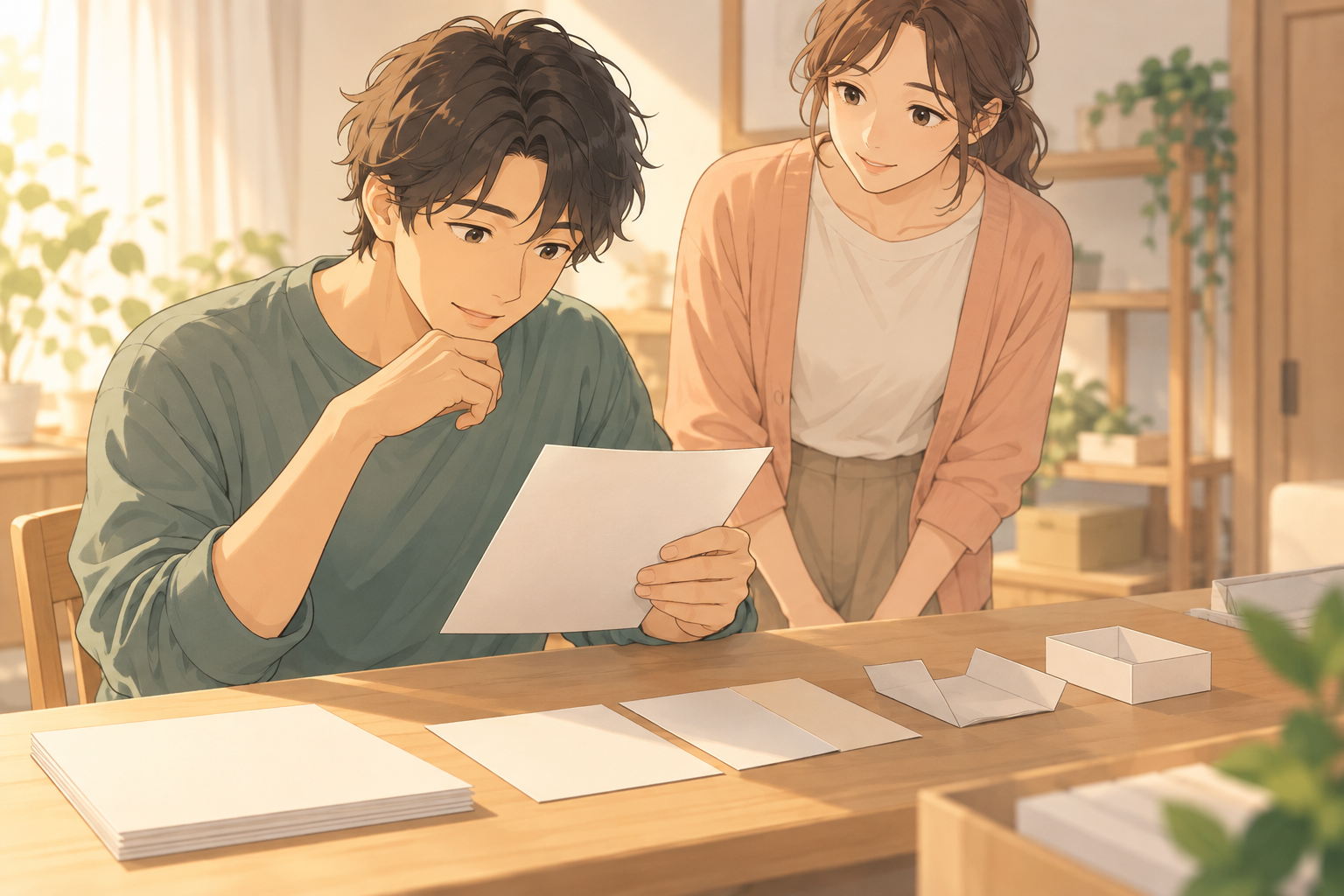 アニメ風イラスト（イメージ）：紙材料や工程に関心を向ける架空の成人と、見守る家族