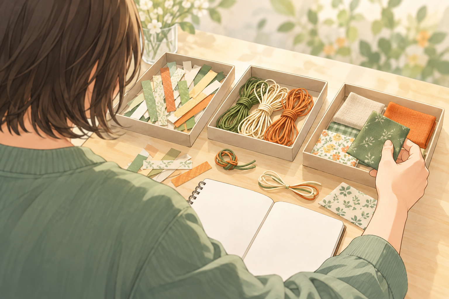 アニメ風イラスト（イメージ）：紙・紐・布の材料を見比べ、試したい手作業を考える架空の成人