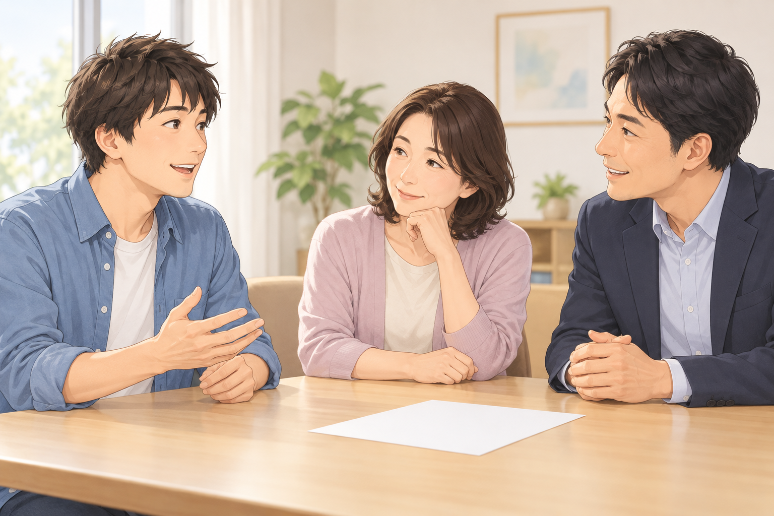 AI生成のアニメ風イラスト(イメージ)。本人が気になる仕事について話し、家族と支援者が聞く成人三人の場面。