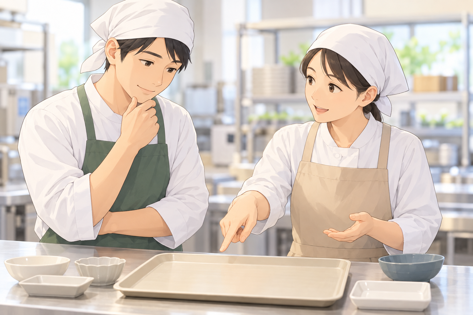 AI生成のアニメ風イラスト(イメージ)。成人二人がトレーと食器を前にキッチンの役割を相談する場面。