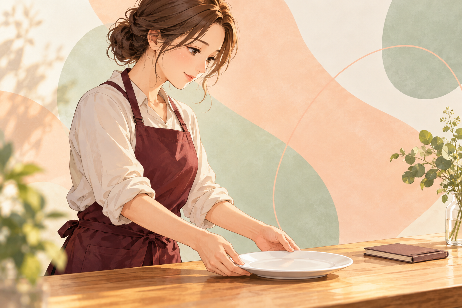 アニメ風イラスト（イメージ）：白いお皿を整えながらカフェの仕事を思い描く架空の成人