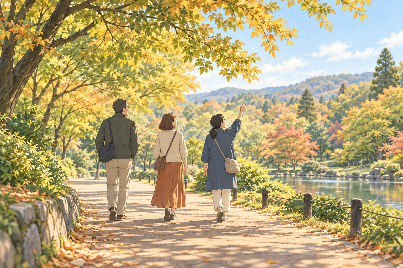 アニメ風イラスト（イメージ）：季節の木々を眺めながら公園の道を歩く架空の成人3人