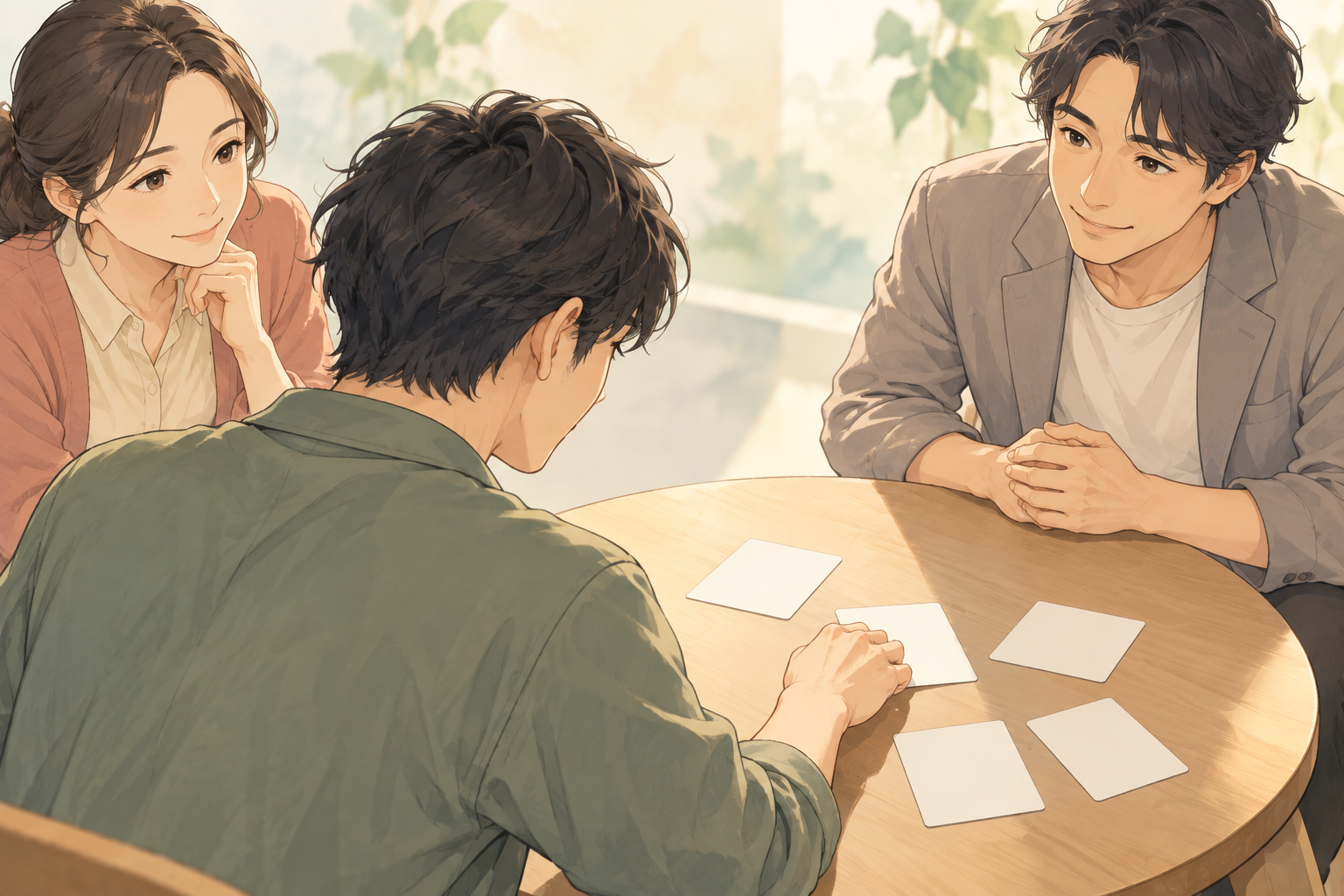 アニメ風イラスト(イメージ)。本人が仕事の希望を考え、周りの人と相談する成人三人の場面。