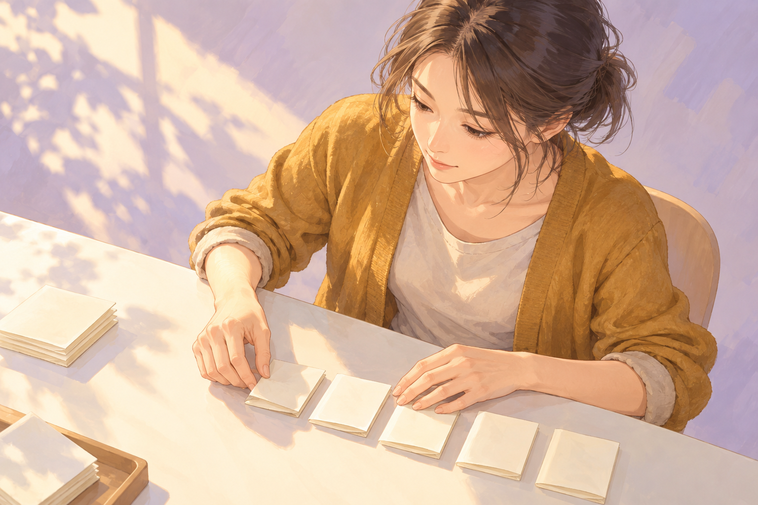 アニメ風イラスト(イメージ):紙の材料を手元でそろえ、一つの作業にじっくり向き合う架空の成人