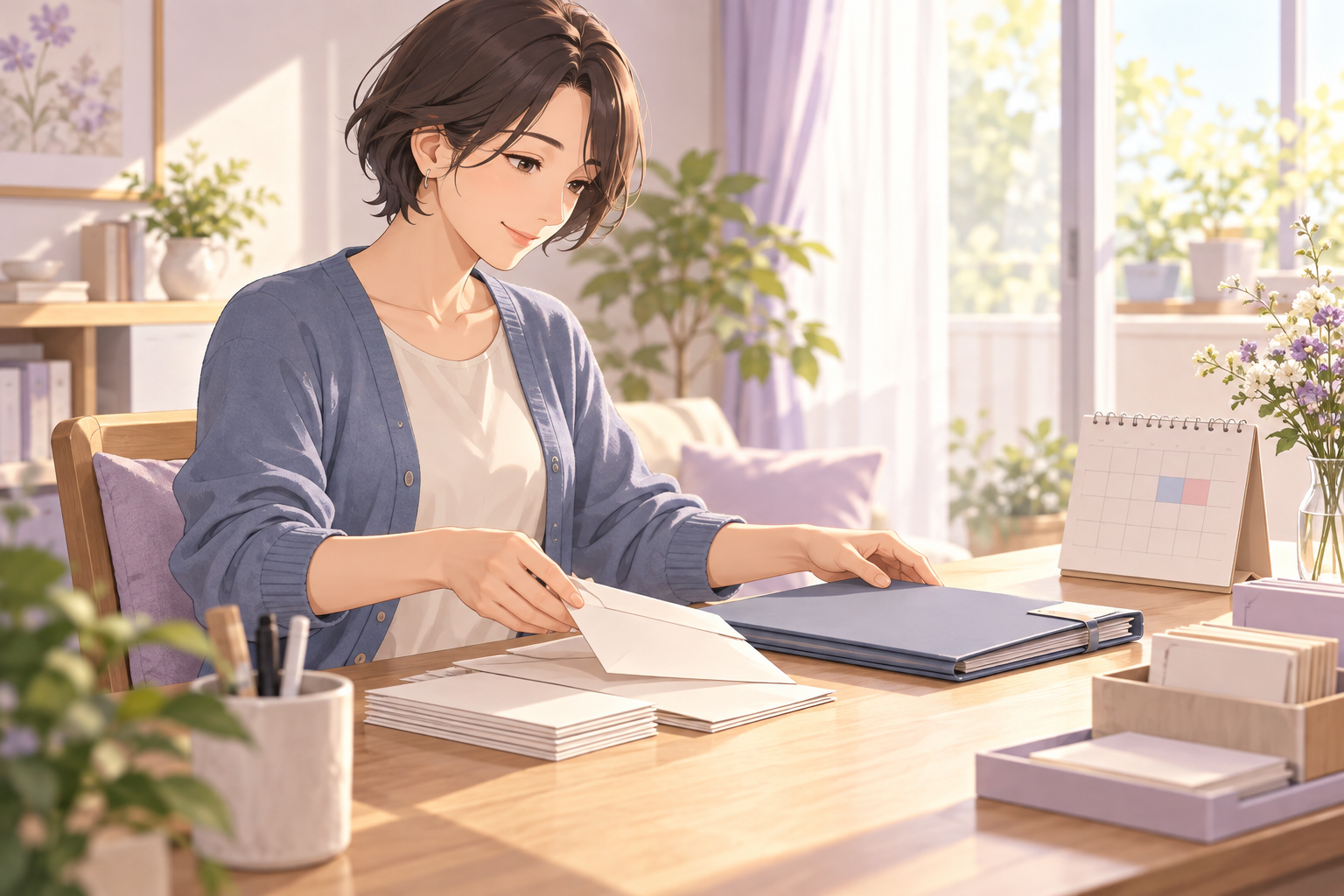 アニメ風イラスト（イメージ）：自宅の机で仕事に向き合う成人