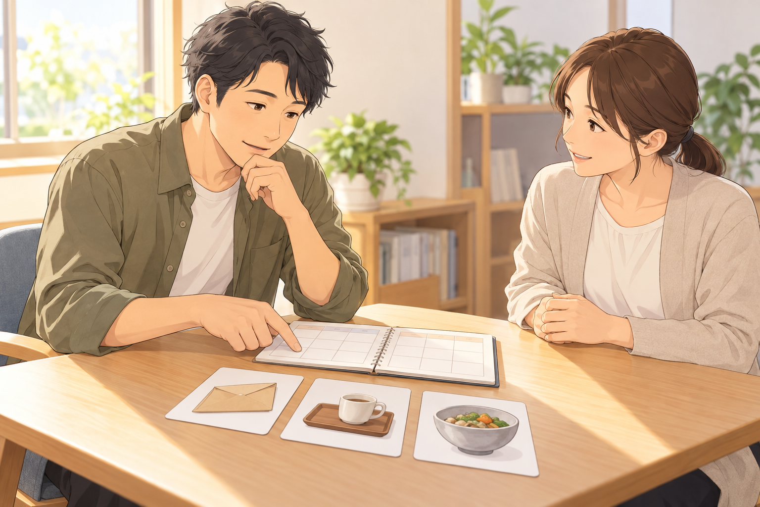 AI生成のアニメ風イラスト（イメージ）。成人二人が予定帳と内職・カフェ・キッチンを表すカードを前に通い方を相談する場面。