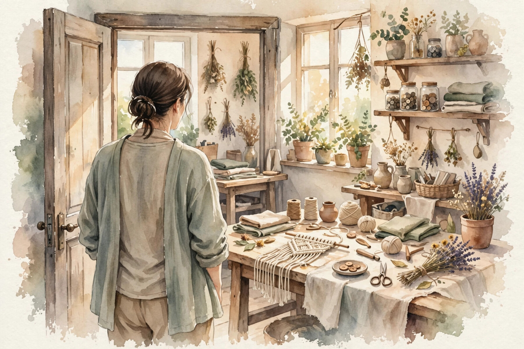 AI生成の水彩イラスト：作業場の入口に立つ大人の後ろ姿と、手作業の材料が並んだ明るい作業台