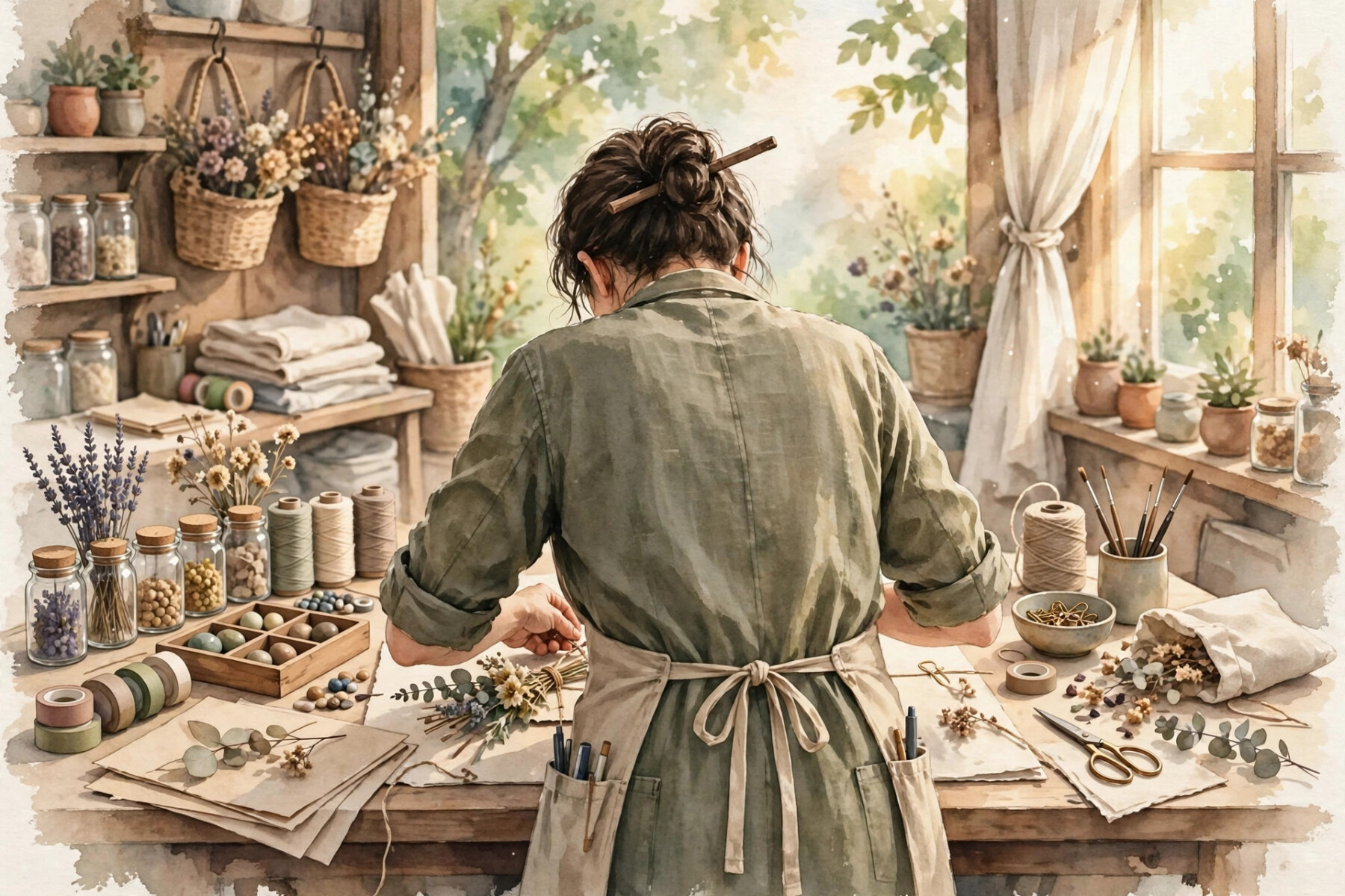 AI生成の水彩イラスト：明るい作業場で手作業に取り組む大人の後ろ姿と、作業台に並んだ材料